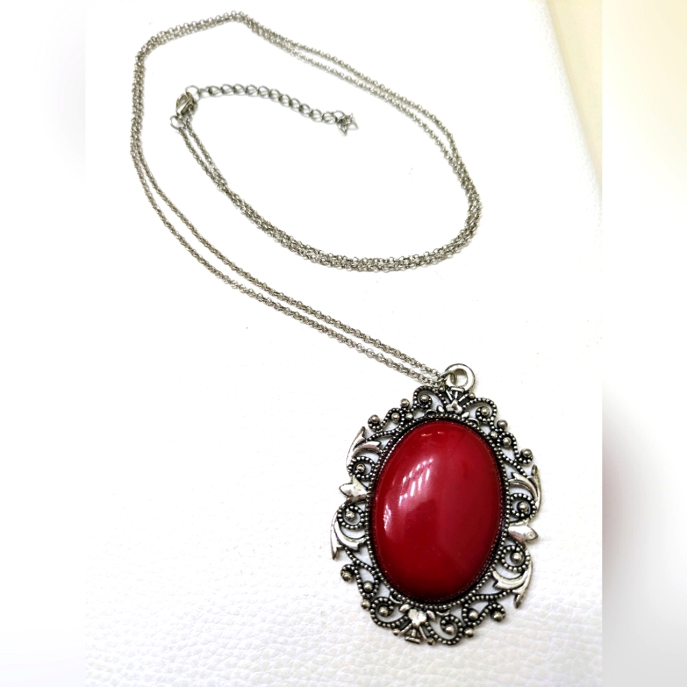 Victorian Oval Red Coral Pendant Necklace